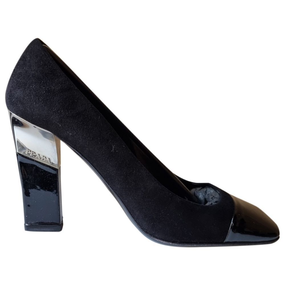 Prada Logo Black Suede Block Heels Pumps Shoes Size 7,5